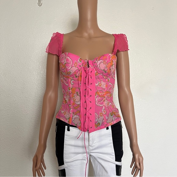 Necessary Objects Tops - Pink & Orange 60s Floral Print Sheer Bustier Top 34B